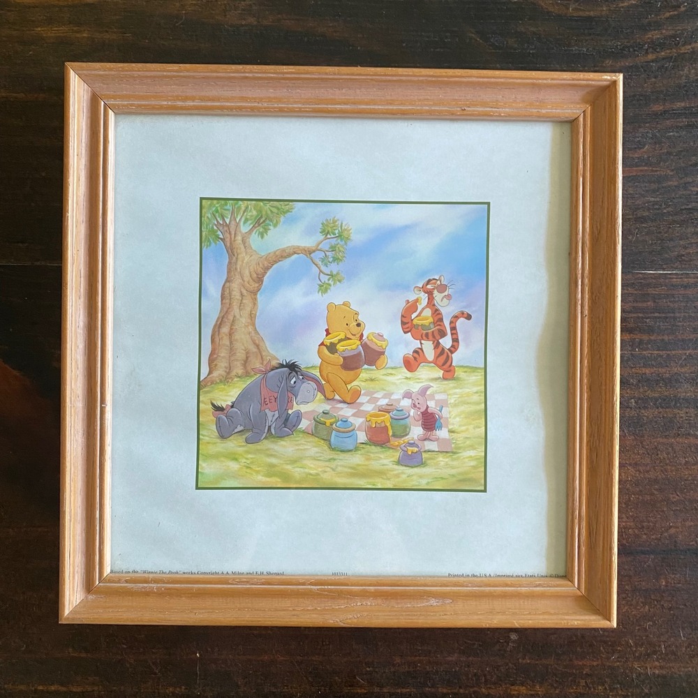 Vintage‎ Disney Winnie the Pooh Framed Art Print 100 Acre Wood Picnic 10x10